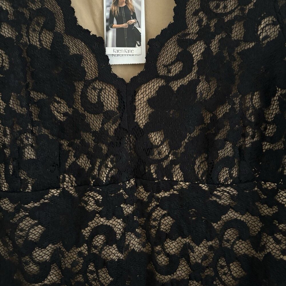 Karen Kane Dress Women's XL Lace V Neck Scallop Hem Solid Black Elegant Mini NWT - Picture 4 of 11